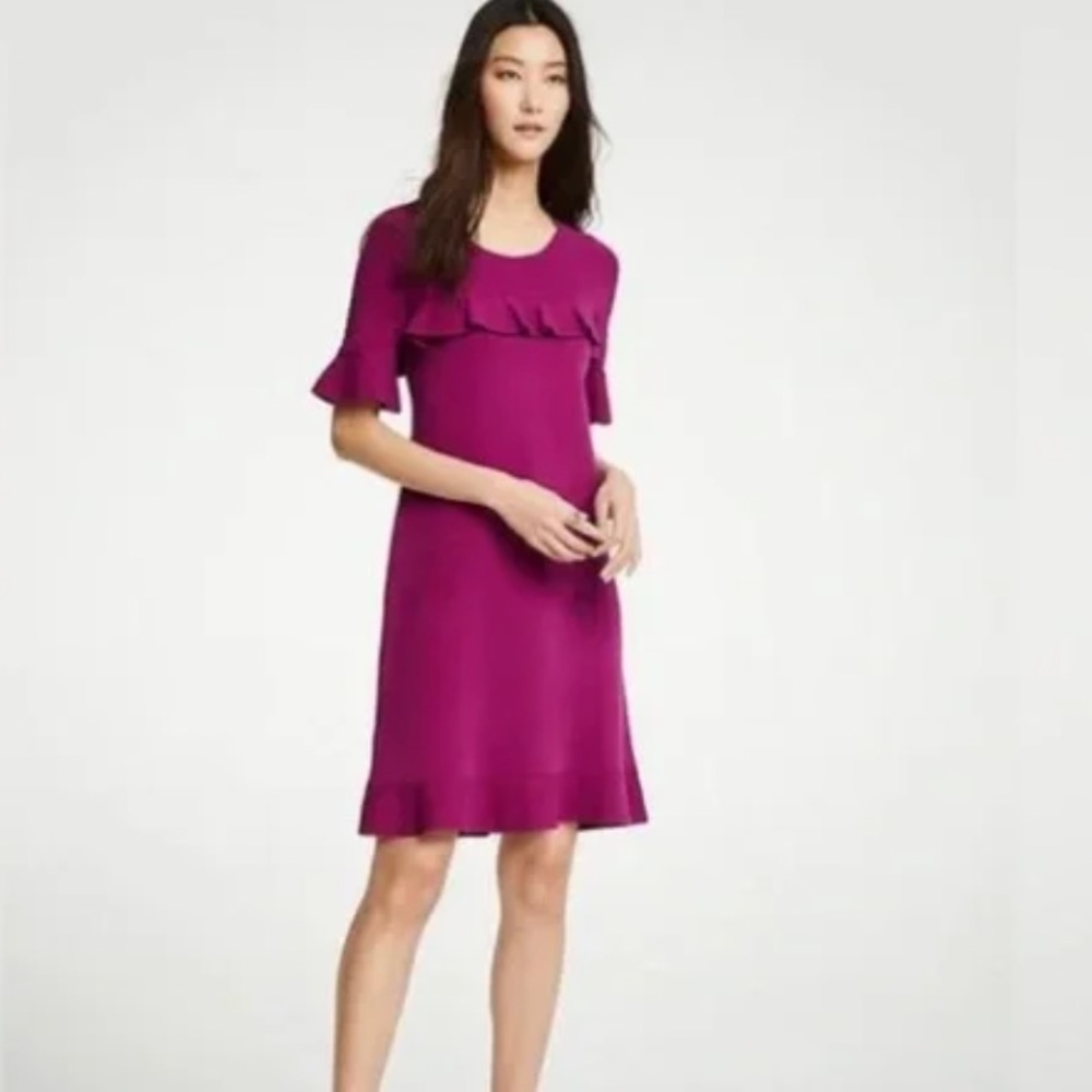 Ann Taylor Magenta Purple Chevron Ruffle Sweater Dress Sz M